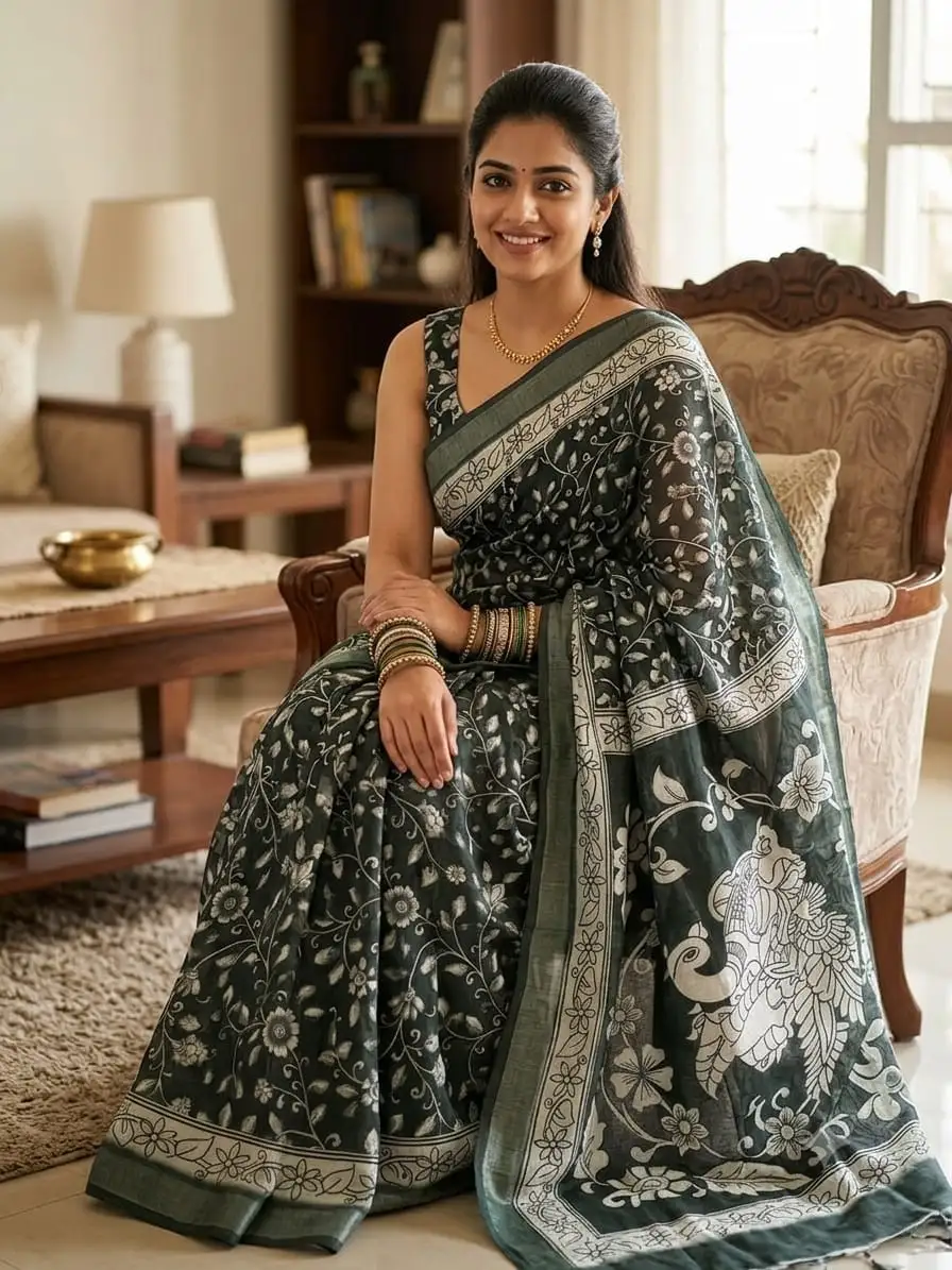 Dark Green Linen Cotton Saree White Kalamkari Print